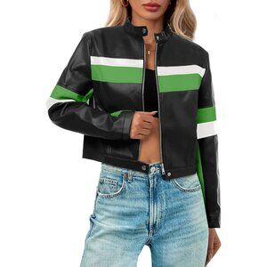 Women's Cropped Moto Biker Jackets Faux Leather Bomber Jacket Racing Green